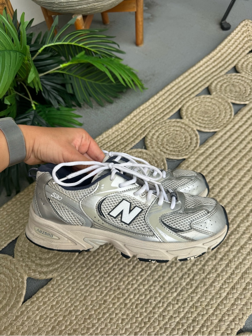 New Balance 530 Metallic Silver Navy Blue Athletic Sneakers
